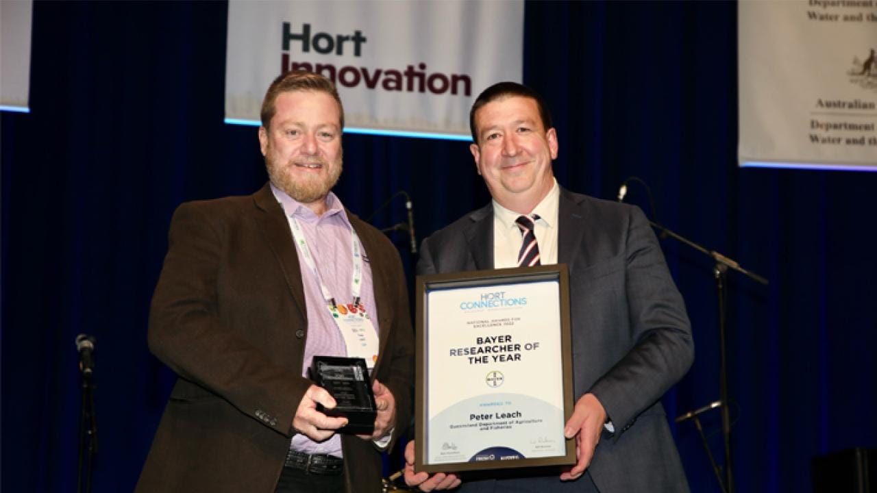 Peter Leach, Researcher of the Year (left) & Tony May, Head of Customer Marketing for Bayer Crop Science (right)