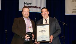 Peter Leach, Researcher of the Year (left) & Tony May, Head of Customer Marketing for Bayer Crop Science (right)
